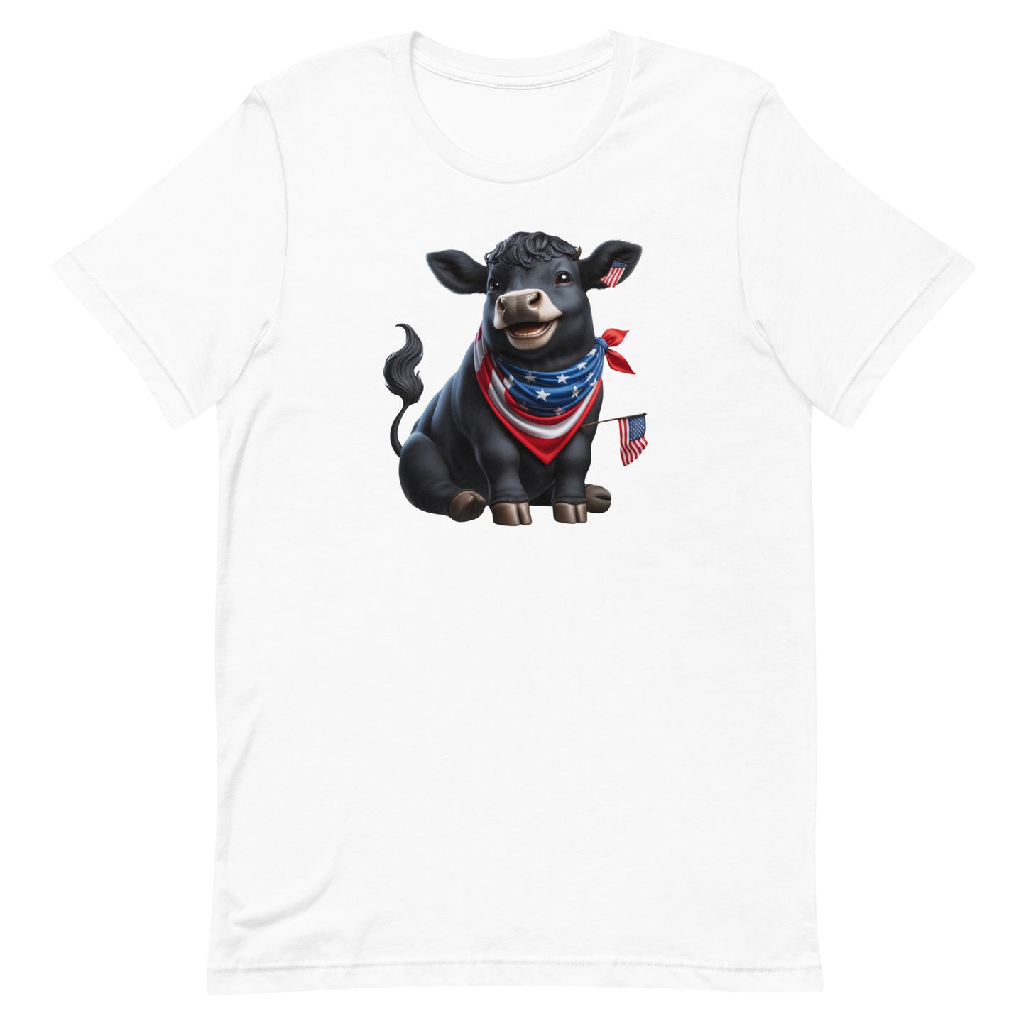 Add a touch of humor and patriotism to your wardrobe with our "Patriotic Pasture Pal" T-shirt, featuring an adorable black Angus cow dressed in a star-spangled bandana and waving a tiny American flag. Perfect for Independence Day celebrations or any day you want to show off your American pride with a fun twist.