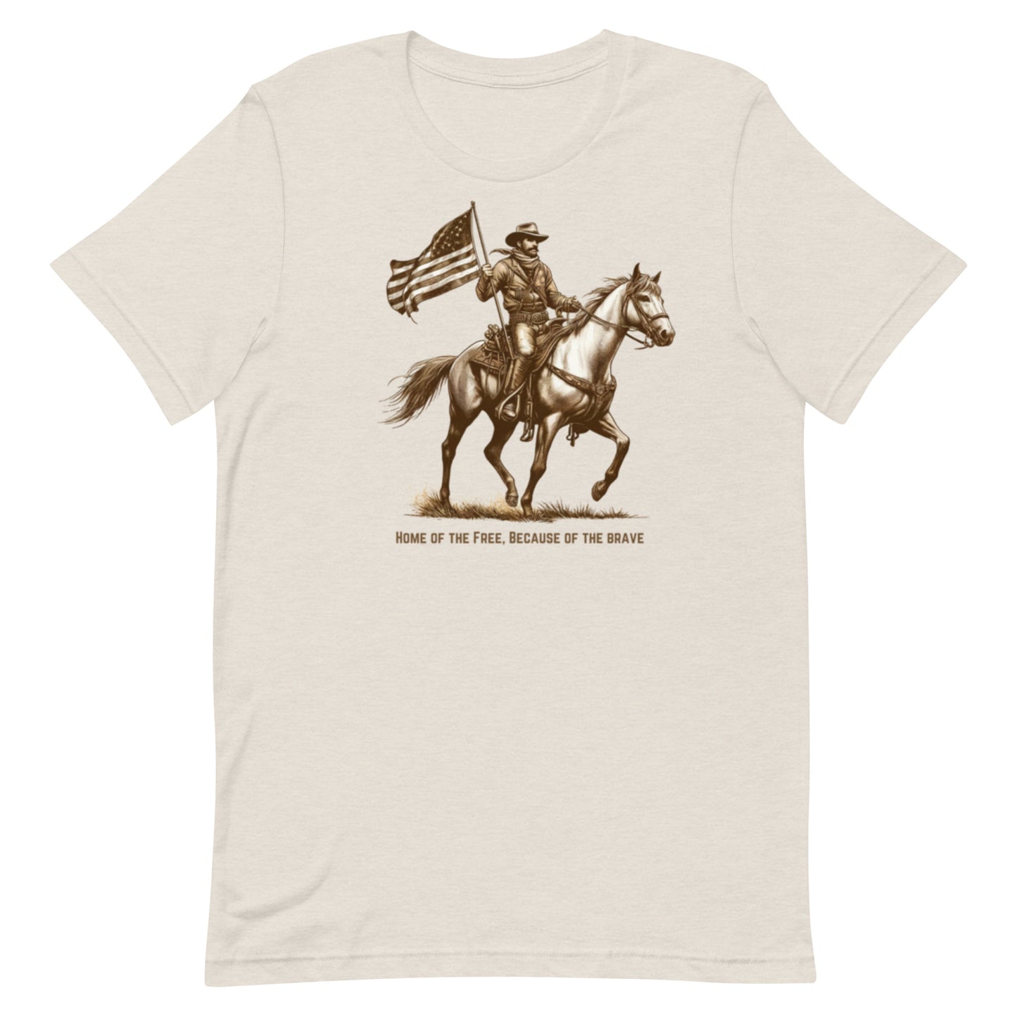 This shirt captures the essence of American courage and freedom with its striking depiction of a cowboy riding a horse while proudly bearing the American flag.