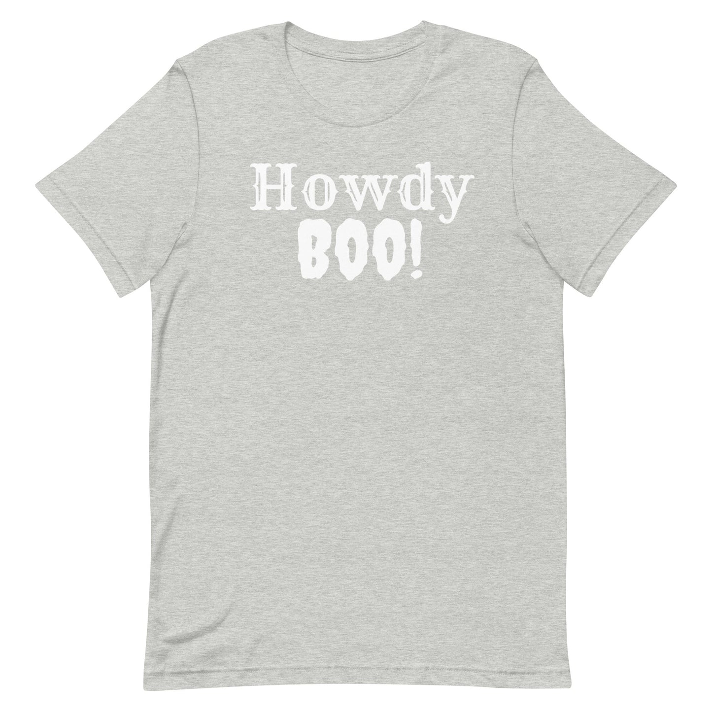 Get ready for spooky season with our Howdy Boo! t-shirt! This fun and festive design perfectly blends Western charm with Halloween spirit, featuring a playful "Howdy Boo!"