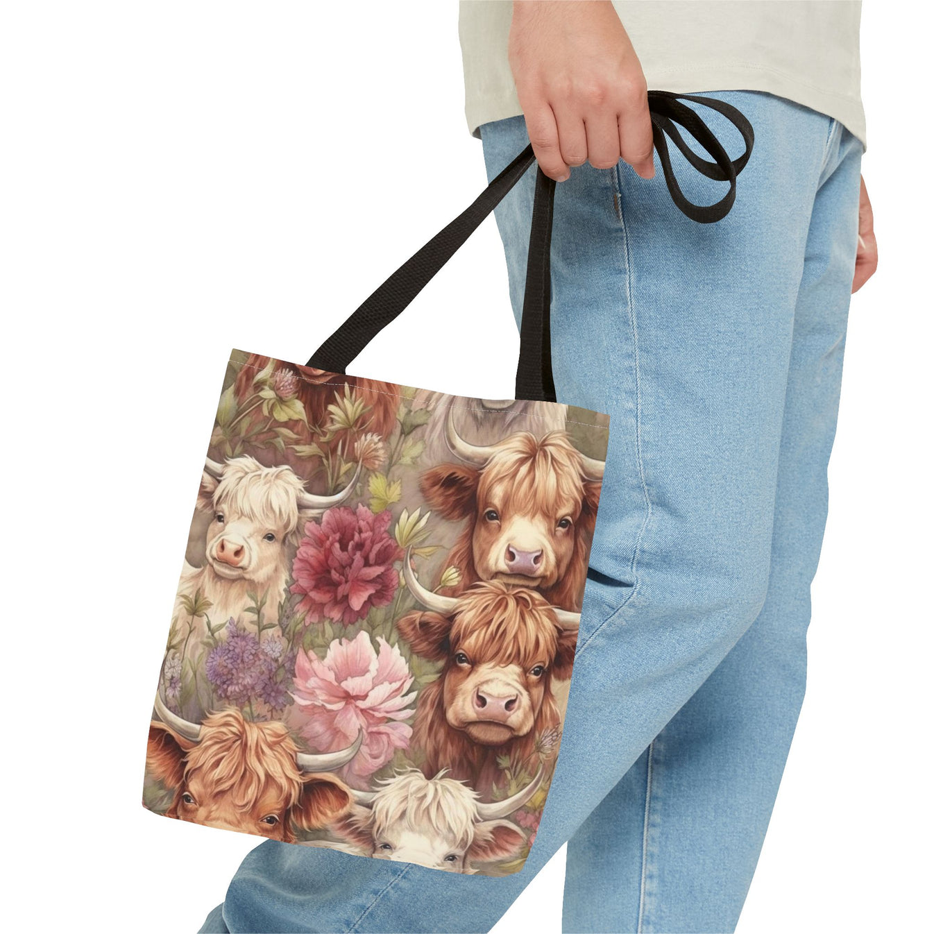 SZERE Highland Cow Canvas Tote Bag - White, 15x15 Inch, Reusable Shoulder Bag