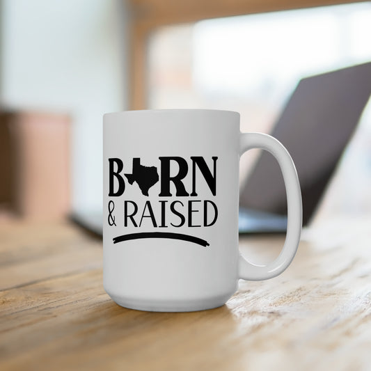Introducing our 'Texas Born and Raised' coffee mug, a tribute to the proud Lone Star State heritage! Crafted with durable ceramic, this mug is as sturdy as a Texas longhorn and as timeless as the Texan spirit. 