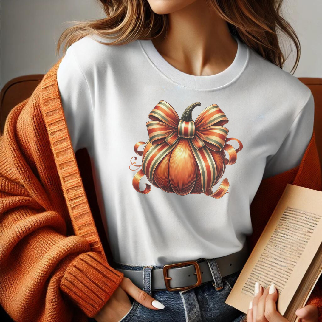 Embrace the cozy vibes of autumn with our Pumpkin Coquette t-shirt! 