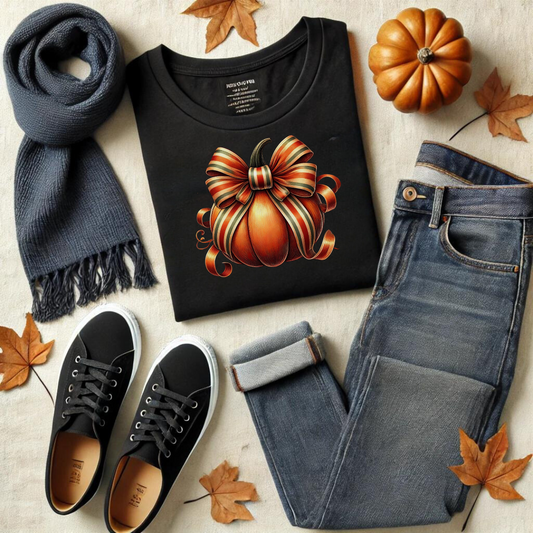 Embrace the cozy vibes of autumn with our Pumpkin Coquette t-shirt! 